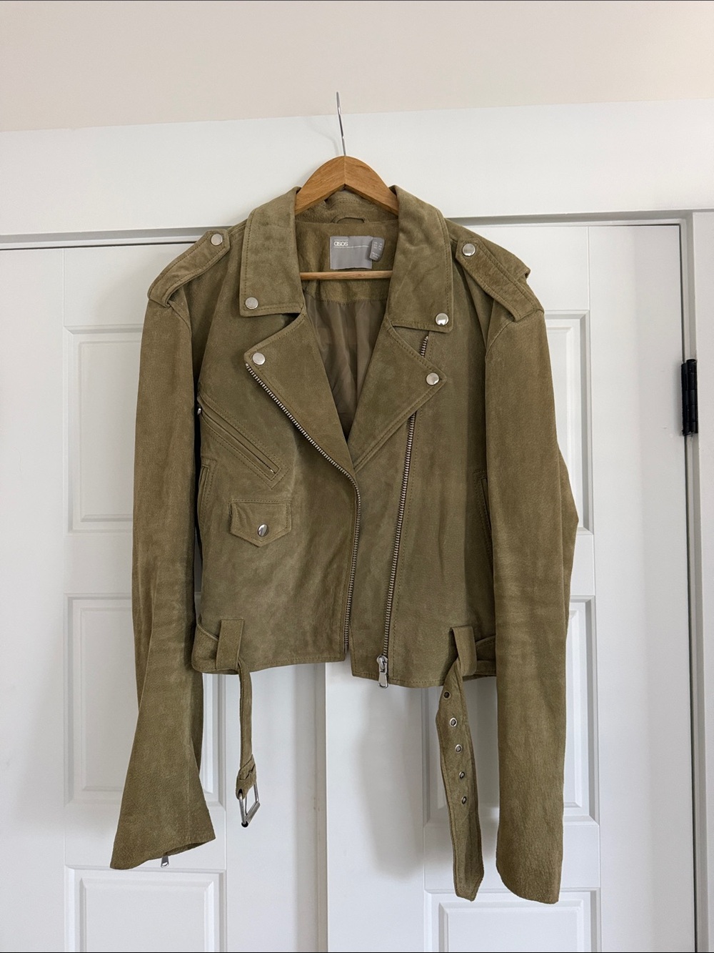 Suede Biker Jacket in Olive - 10 Tall